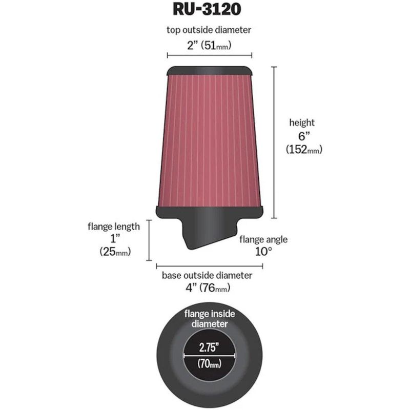 Luftfilter, K&N Universal 70mm, Ø102-51, H152, KNRU-3120
