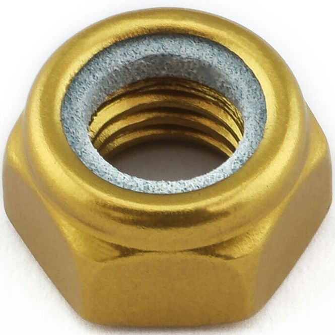 Hovedbilde Mutter, Alu, M8 Nylock til 13mm pipe, Gull